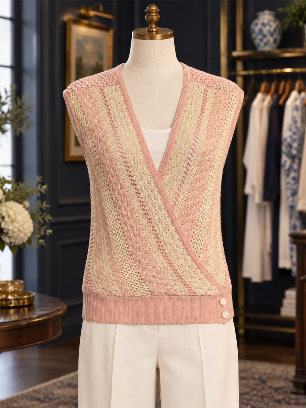 Paul & Joe Pink and Cream Knit Wrap-Front V-Neck Sweater Vest